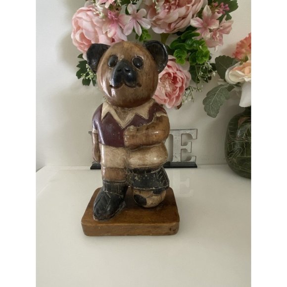 Vintage Wooden Bear Statue Large 10" Soccer Teddy Bear Kids Room Decor Figurine - Picture 16 of 16